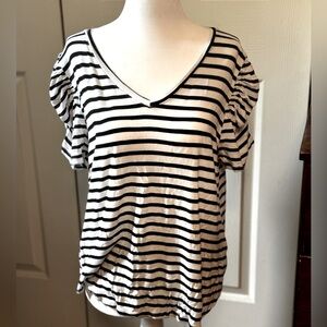 Green Envelope Black and White Striped V-Neck Top